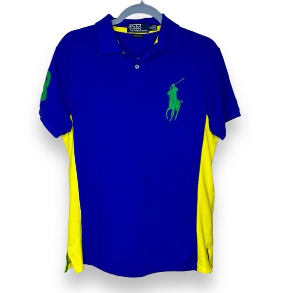 Polo Ralph Lauren Big Pony Color Block Blue Yellow Custom Fit Shirt Men Small - Picture 1 of 14